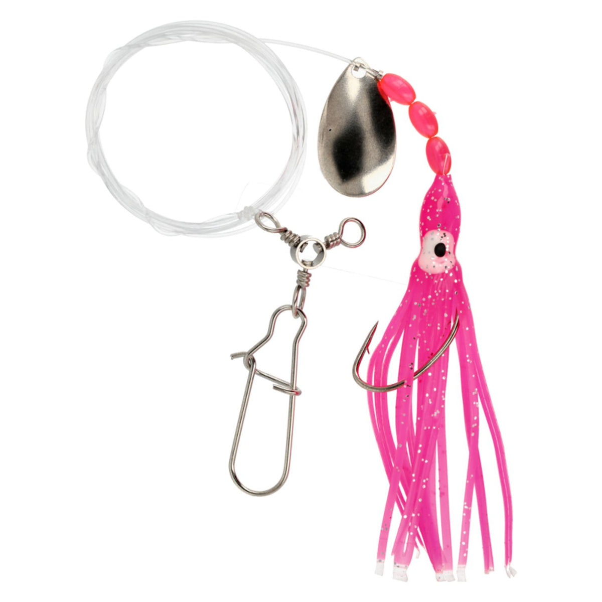 Lazer Sharp Fluke Spinner Pink/Glitter Squid Rig 42" - Size 2/0 Nickel Kahle Hook